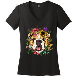 Floral American Bulldog Botanical Plant Flower Dog Lover Women's V-Neck T-Shirt