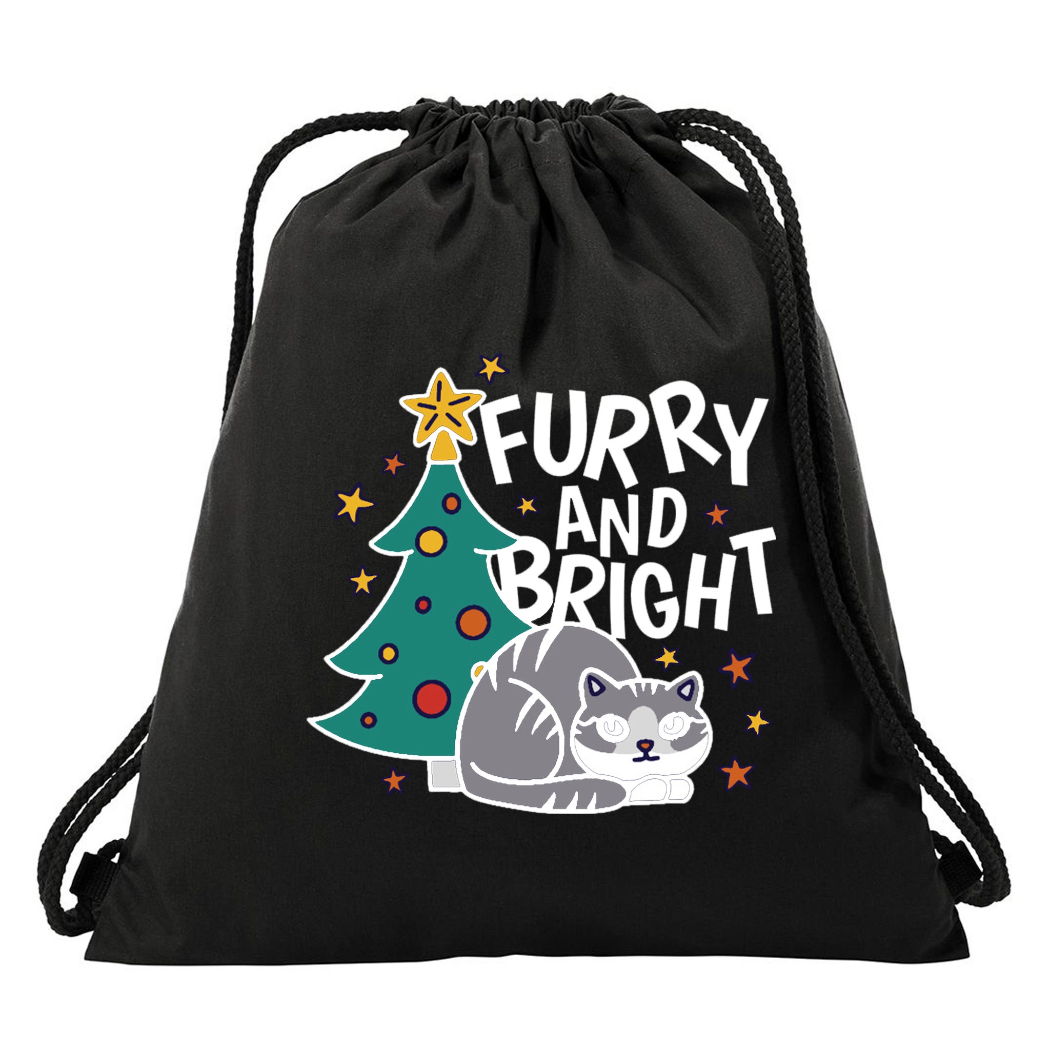 Furry And Bright Funny Cute Christmas Cat Drawstring Bag