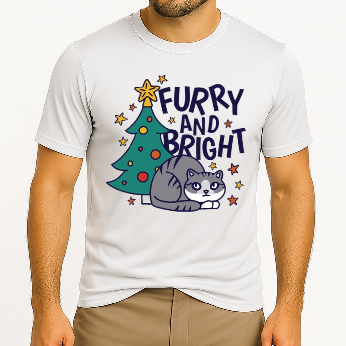 Furry And Bright Funny Cute Christmas Cat Cooling Performance Crew T-Shirt