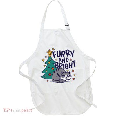 Furry And Bright Funny Cute Christmas Cat Full-Length Apron With Pockets