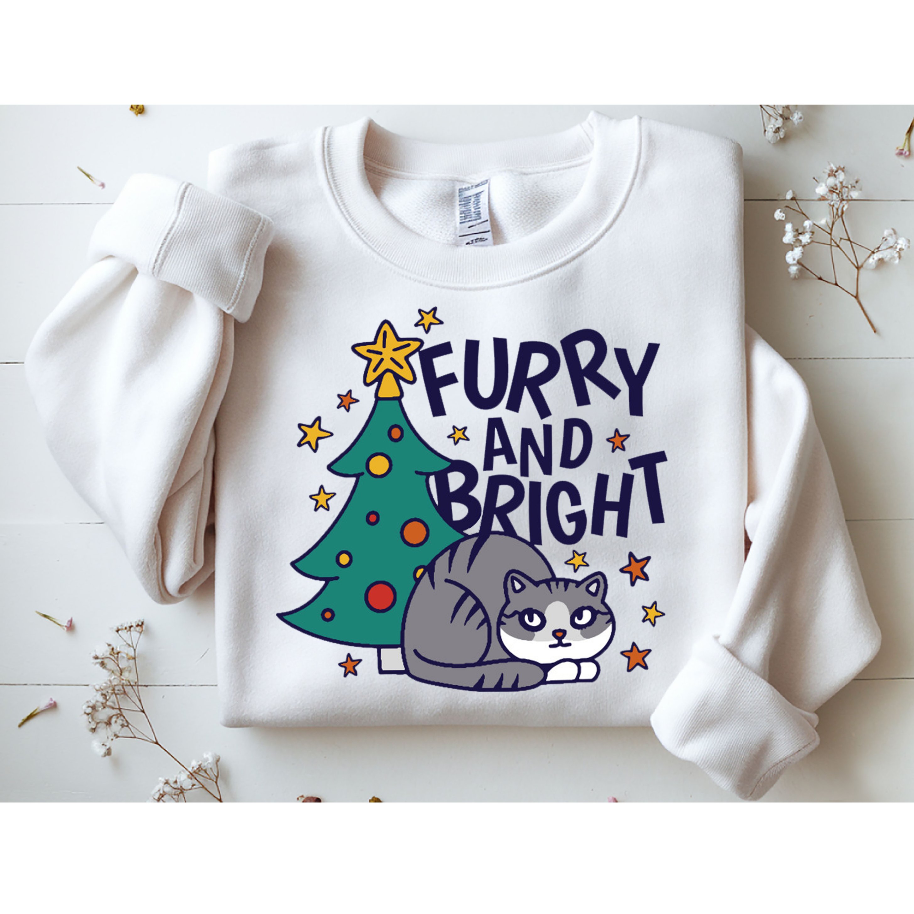 Furry And Bright Funny Cute Christmas Cat Sweatshirt