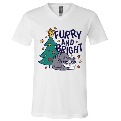 Furry And Bright Funny Cute Christmas Cat V-Neck T-Shirt