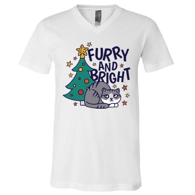 Furry And Bright Funny Cute Christmas Cat V-Neck T-Shirt