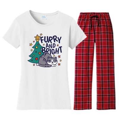 Furry And Bright Funny Cute Christmas Cat Women's Flannel Pajama Set