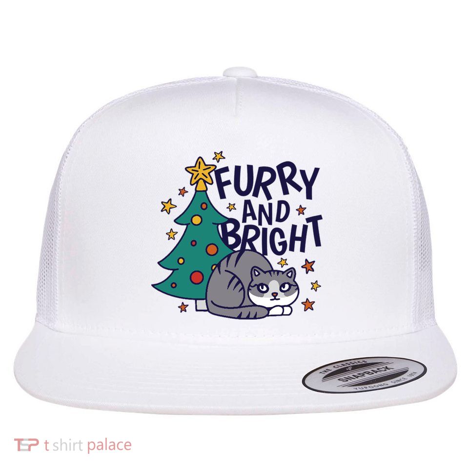 Furry And Bright Funny Cute Christmas Cat Flat Bill Trucker Hat