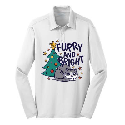 Furry And Bright Funny Cute Christmas Cat Silk Touch Performance Long Sleeve Polo