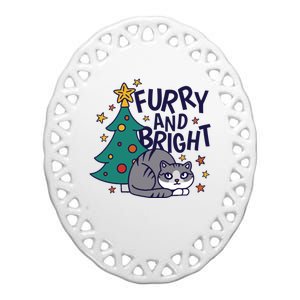 Furry And Bright Funny Cute Christmas Cat Ceramic Oval Ornament