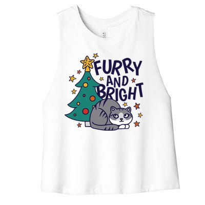 Furry And Bright Funny Cute Christmas Cat Women's Racerback Cropped Tank