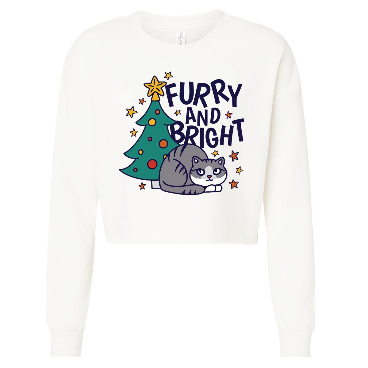 Furry And Bright Funny Cute Christmas Cat Cropped Pullover Crew
