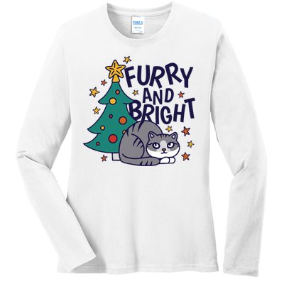 Furry And Bright Funny Cute Christmas Cat Ladies Long Sleeve Shirt