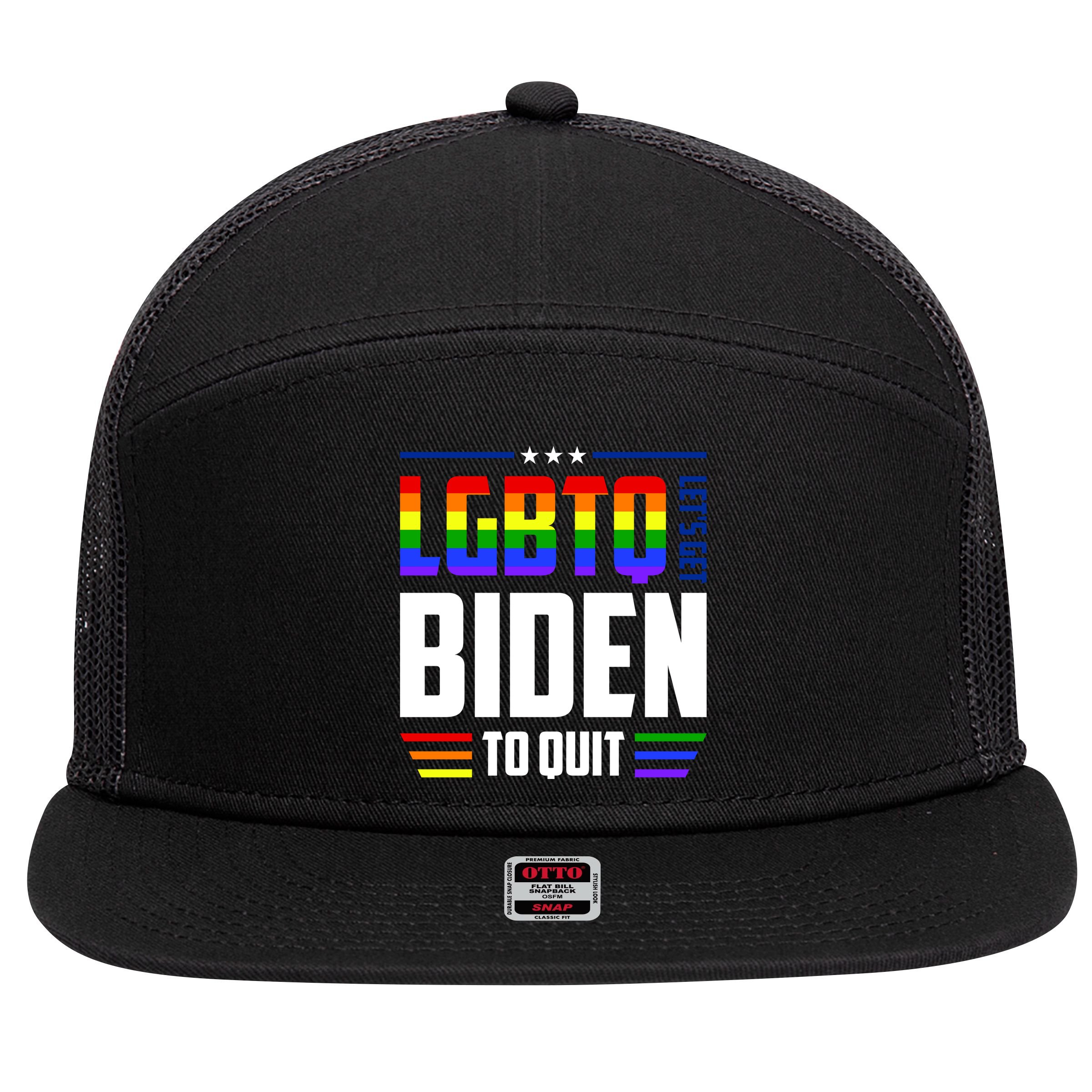 Funny Anti Biden LGBTQ Lets Get Biden To Quit 7 Panel Mesh Trucker Snapback Hat