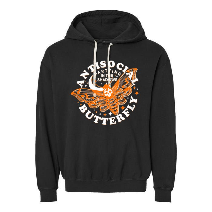 Funny Antisocial Butterfly Moth Partying In The Shadows Garment-Dyed Fleece Hoodie