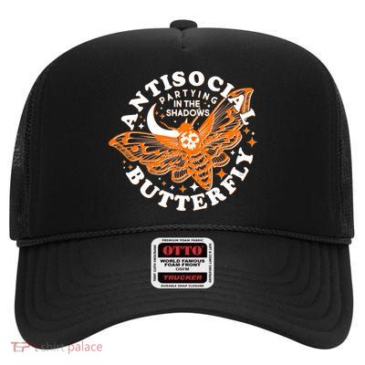 Funny Antisocial Butterfly Moth Partying In The Shadows High Crown Mesh Back Trucker Hat