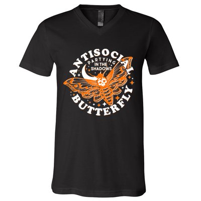 Funny Antisocial Butterfly Moth Partying In The Shadows V-Neck T-Shirt