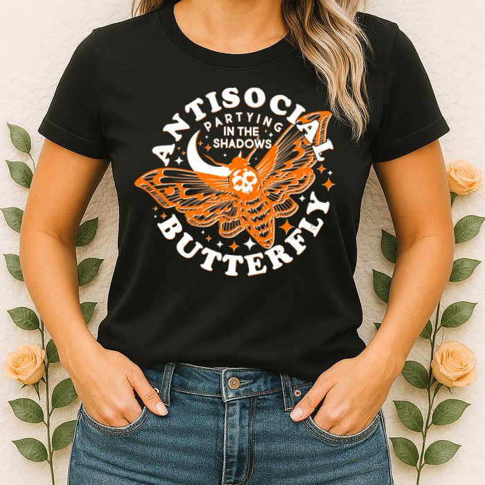 Funny Antisocial Butterfly Moth Partying In The Shadows Womens T-Shirt