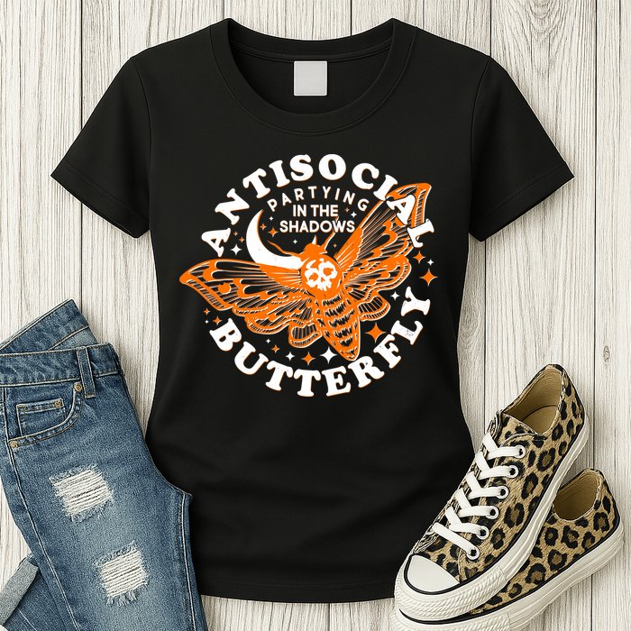 Funny Antisocial Butterfly Moth Partying In The Shadows Womens T-Shirt