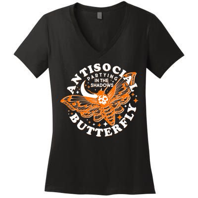 Funny Antisocial Butterfly Moth Partying In The Shadows Women's V-Neck T-Shirt