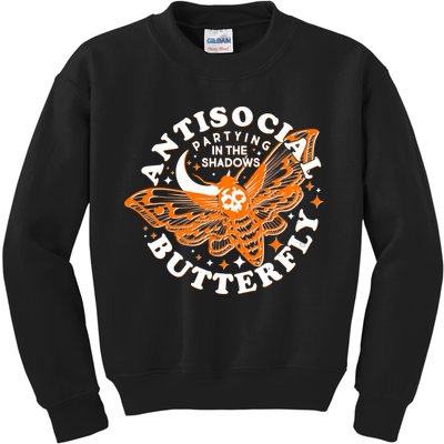 Funny Antisocial Butterfly Moth Partying In The Shadows Kids Sweatshirt