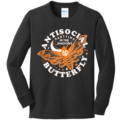 Funny Antisocial Butterfly Moth Partying In The Shadows Kids Long Sleeve Shirt