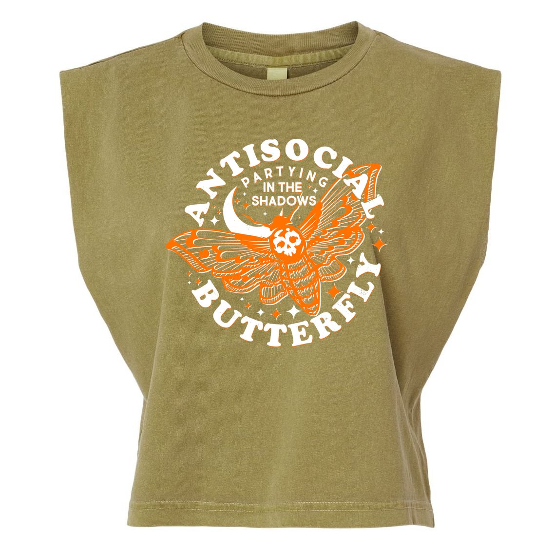 Funny Antisocial Butterfly Moth Partying In The Shadows Garment-Dyed Women's Muscle Tee
