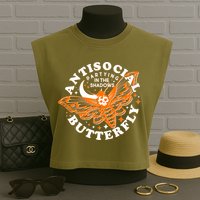 Funny Antisocial Butterfly Moth Partying In The Shadows Garment-Dyed Women's Muscle Tee