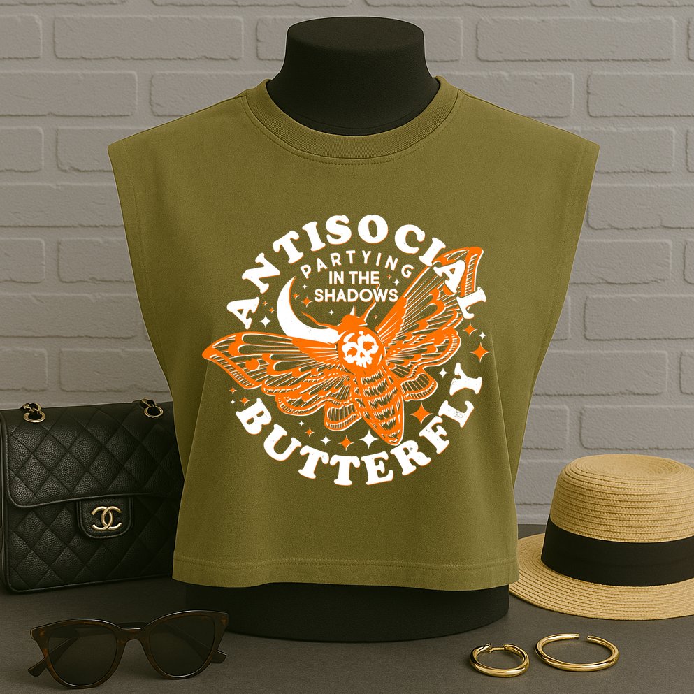 Funny Antisocial Butterfly Moth Partying In The Shadows Garment-Dyed Women's Muscle Tee