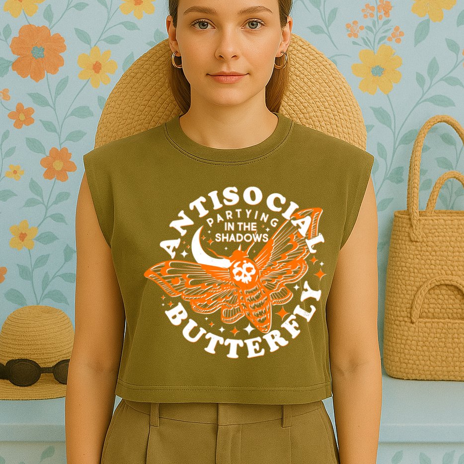 Funny Antisocial Butterfly Moth Partying In The Shadows Garment-Dyed Women's Muscle Tee
