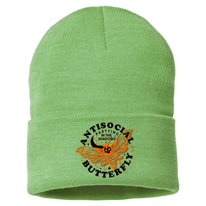 Funny Antisocial Butterfly Moth Partying In The Shadows Sustainable Knit Beanie