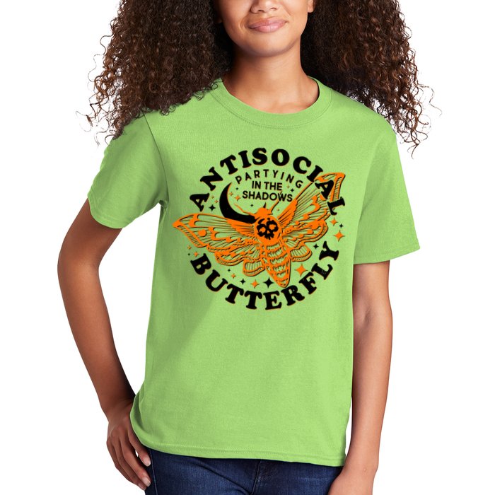 Funny Antisocial Butterfly Moth Partying In The Shadows Kids T-Shirt