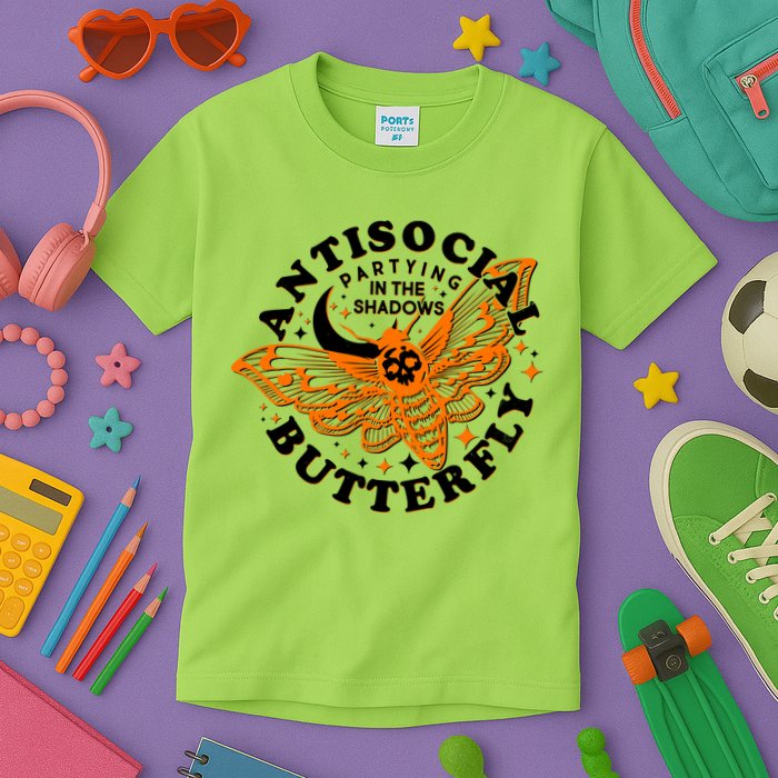 Funny Antisocial Butterfly Moth Partying In The Shadows Kids T-Shirt