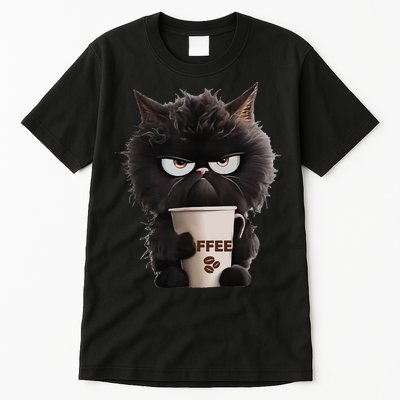 Funny Angry Black Cat Drinking Coffee Loves Coffee Pet Tall T-Shirt