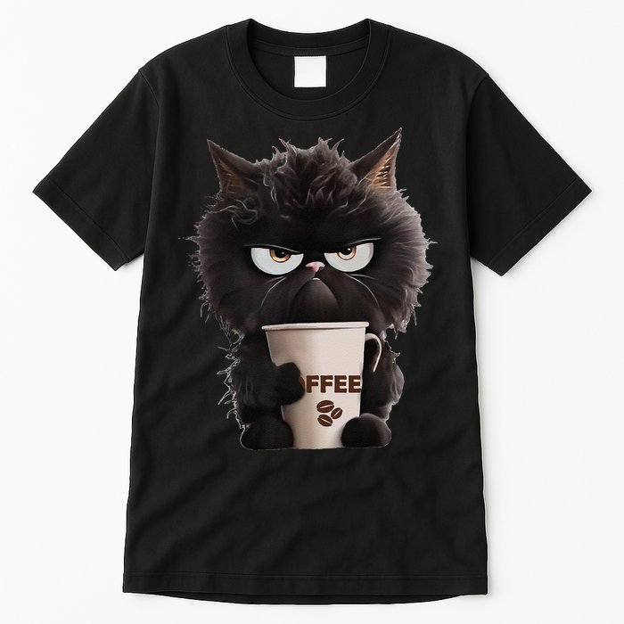 Funny Angry Black Cat Drinking Coffee Loves Coffee Pet Tall T-Shirt