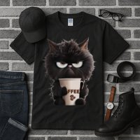 Funny Angry Black Cat Drinking Coffee Loves Coffee Pet Tall T-Shirt