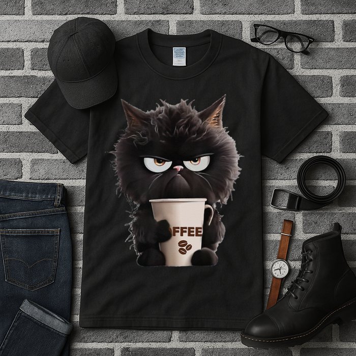 Funny Angry Black Cat Drinking Coffee Loves Coffee Pet Tall T-Shirt