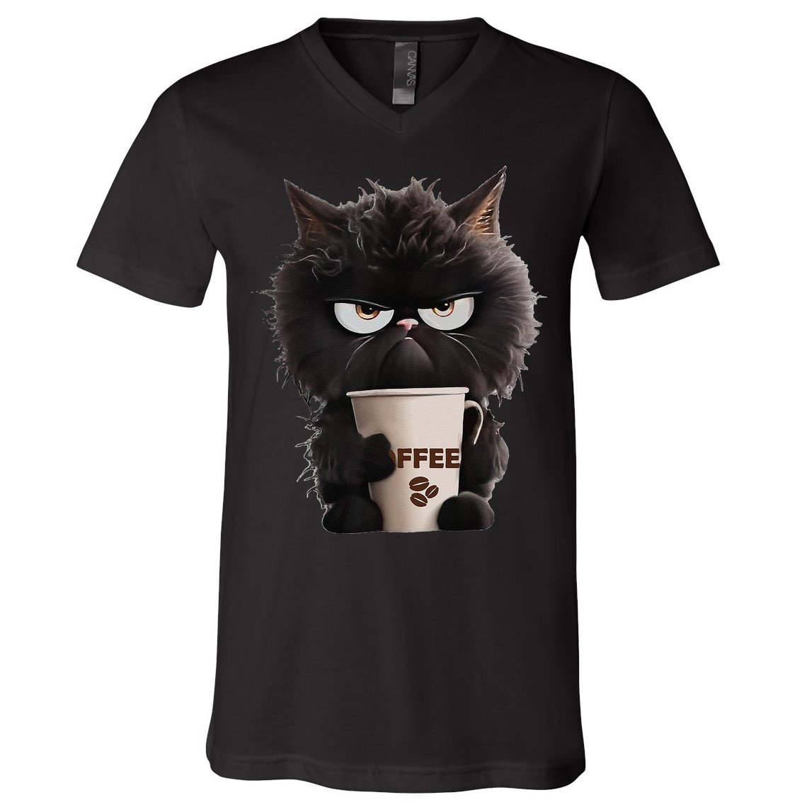 Funny Angry Black Cat Drinking Coffee Loves Coffee Pet V-Neck T-Shirt