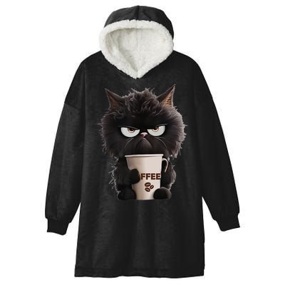 Funny Angry Black Cat Drinking Coffee Loves Coffee Pet Hooded Wearable Blanket