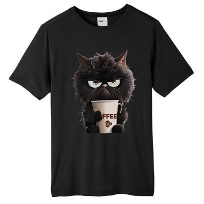 Funny Angry Black Cat Drinking Coffee Loves Coffee Pet Tall Fusion ChromaSoft Performance T-Shirt