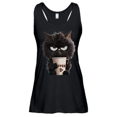 Funny Angry Black Cat Drinking Coffee Loves Coffee Pet Ladies Essential Flowy Tank
