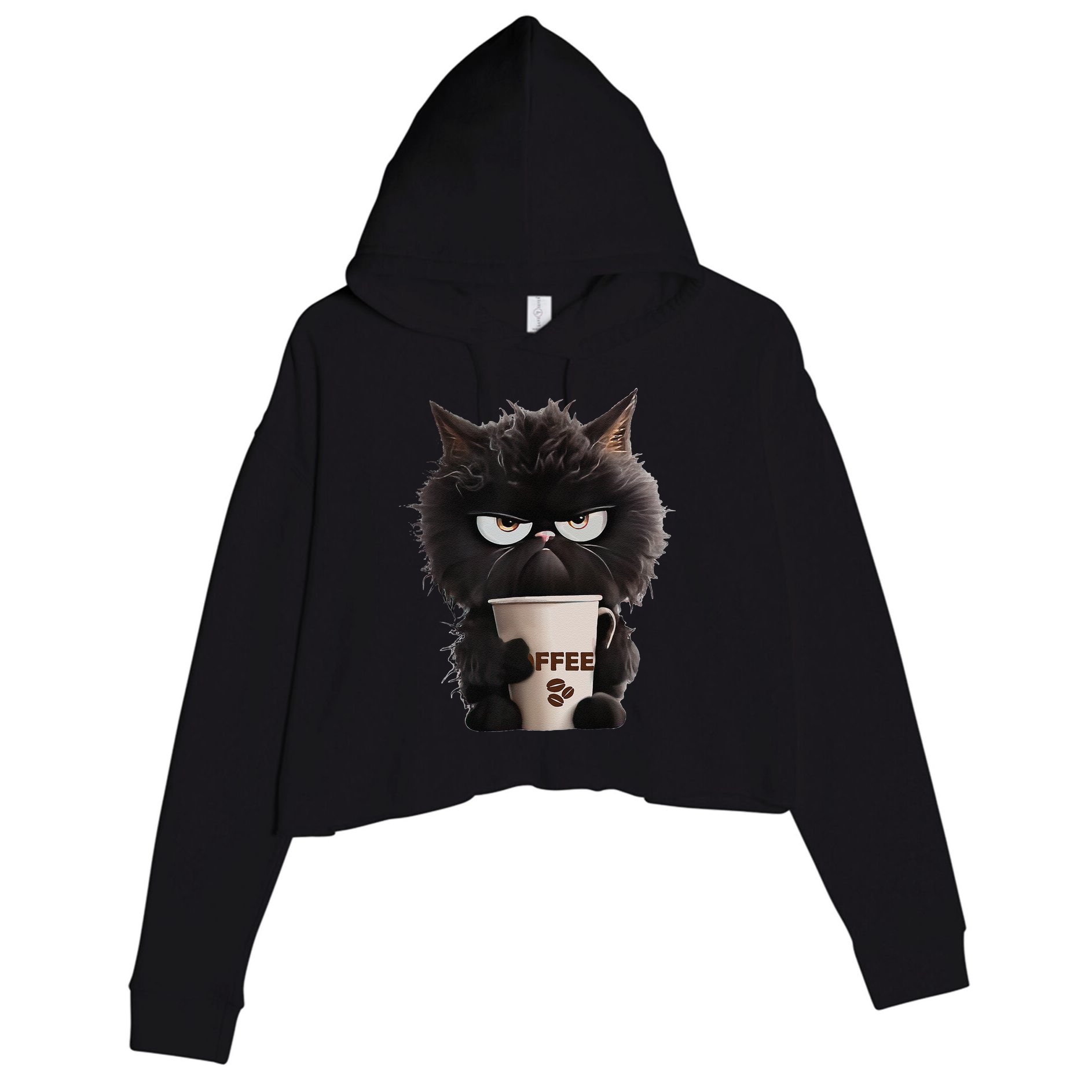 Funny Angry Black Cat Drinking Coffee Loves Coffee Pet Crop Fleece Hoodie