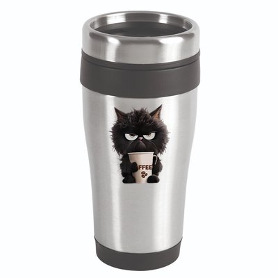 Funny Angry Black Cat Drinking Coffee Loves Coffee Pet 16oz Travel Tumbler