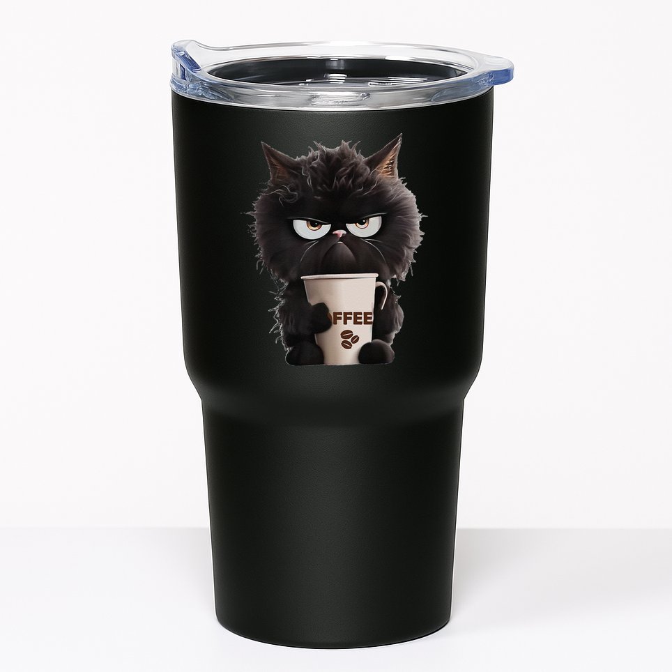 Funny Angry Black Cat Drinking Coffee Loves Coffee Pet Tumbler