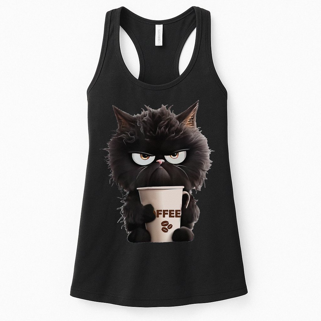 Funny Angry Black Cat Drinking Coffee Loves Coffee Pet Womens Tank Top