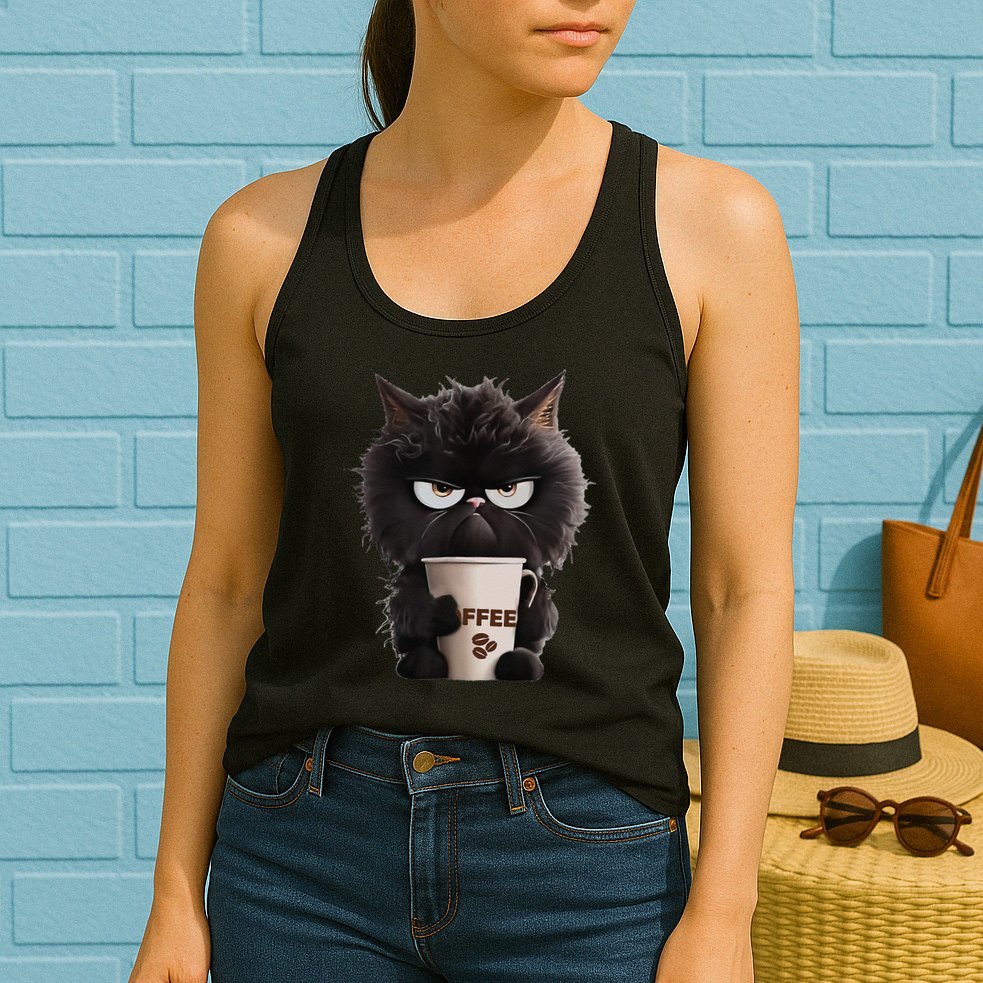 Funny Angry Black Cat Drinking Coffee Loves Coffee Pet Womens Tank Top