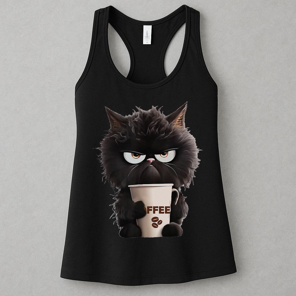 Funny Angry Black Cat Drinking Coffee Loves Coffee Pet Womens Tank Top