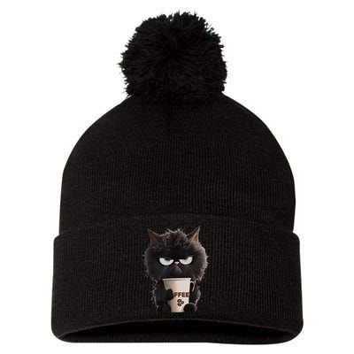Funny Angry Black Cat Drinking Coffee Loves Coffee Pet Pom Pom 12in Knit Beanie