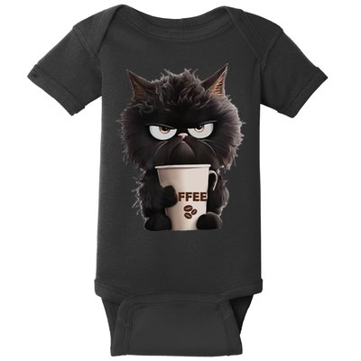 Funny Angry Black Cat Drinking Coffee Loves Coffee Pet Baby Bodysuit