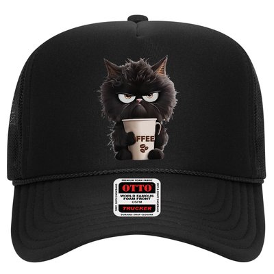 Funny Angry Black Cat Drinking Coffee Loves Coffee Pet Trucker Hat