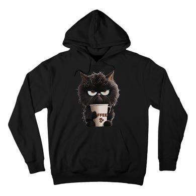 Funny Angry Black Cat Drinking Coffee Loves Coffee Pet Tall Hoodie