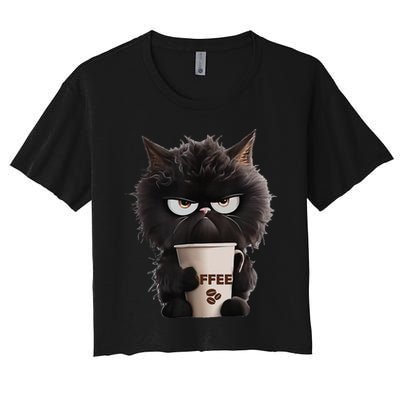 Funny Angry Black Cat Drinking Coffee Loves Coffee Pet Crop Top