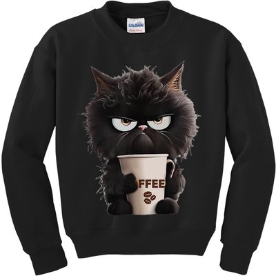 Funny Angry Black Cat Drinking Coffee Loves Coffee Pet Kids Sweatshirt